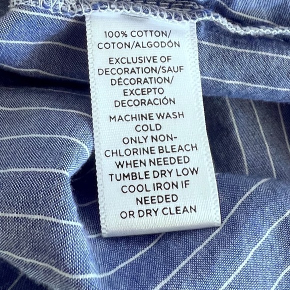 LOFT EMBROIDERED TAB COLLAR BUTTONDOWN TOP BLUE WHITE STRIPED BOHO RUFFLE SLEEVE - Picture 5 of 11